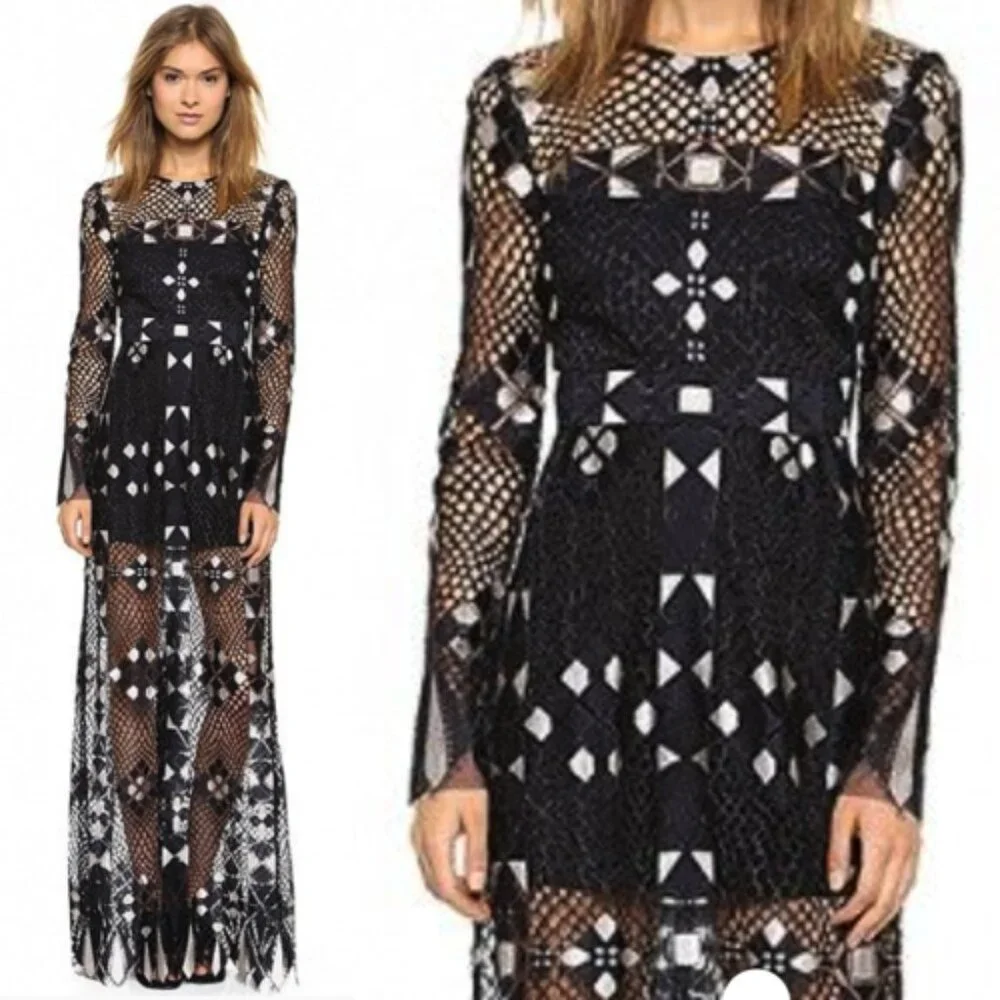 NWT BCBG MAXAZRIA Art Deco geometric Lace Sheer gown dress gown Black Size 0 - Picture 3 of 3